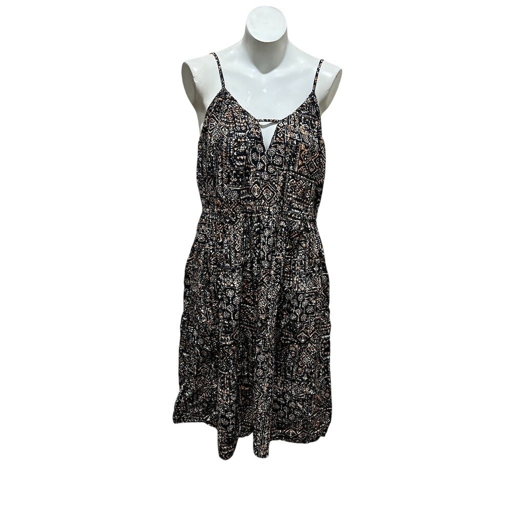 Volcom Dress Womens Size L Boho Tribal Geometric Midi Fit & Flare Black